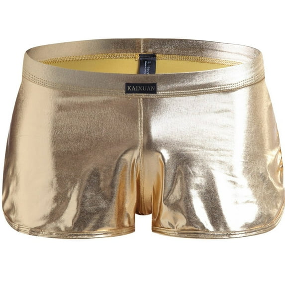 Odeerbi Mens Underwear Seamless Boxer Briefs Erogenous Patent Shorts Underpants Leather Gold
