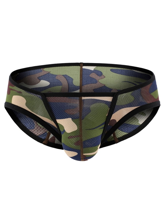 Mens Underwear Seamless Thongs Briefs Trunks Camouflage Low Waist Breathable Three-dimensional Mesh Blue