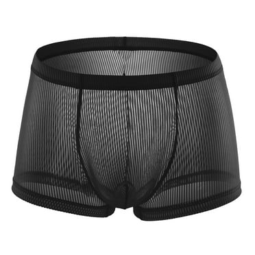 Odeerbi Mens Underwear Sheer Boxer Briefs 2025 Casual Trendy Solid Erogenous Mesh Striped Breathable Hip Shorts Black