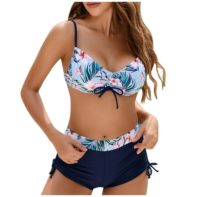 Odeerbi Modest Swimsuits for Women 2024 Fashion Bikini With Chest Pad  Without Steel Support Erogenous Strap Split Swimwear Beach Two Piece Set  Blue