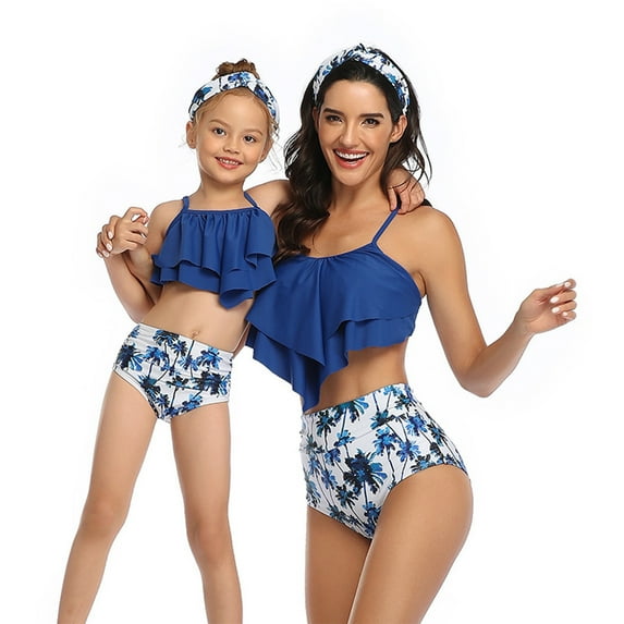 Odeerbi Mommy and Me Swimsuits Two Pieces Ruffles Bikini Set Colorblock Family Matching Swimwear Bathing Suits Print Hollow Out Backless Family Swimsuits Matching Set for Women Blue-Mom