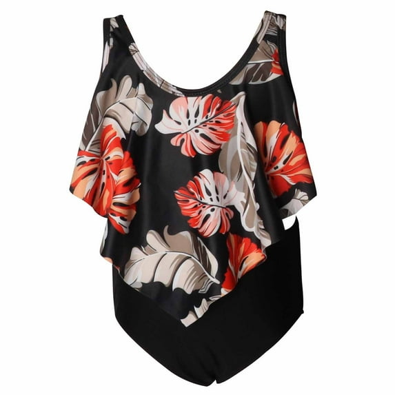 Odeerbi Mommy and Me Tankinis Swimsuits for Kids Girls Ruffled Tank Tops Athletic Floral Two Piece Bathing Suit Swimwear Mother Daughter Outfit Children's Split Beachwear Set Black