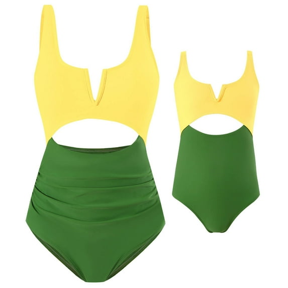 Odeerbi Mommy and Me Swimsuits Cutout One Piece Swimsuit for Kids Girls High Cut Swimwear Parent-Child Bikini Outfit Mother-Daughter Children's Bathing Suit Green