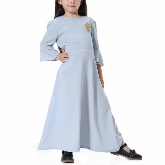 Odeerbi Muslim Dress For Girls 2025 Long Sleeve Long Dress V Neck Colorblock Dress for Teen Girls Gray