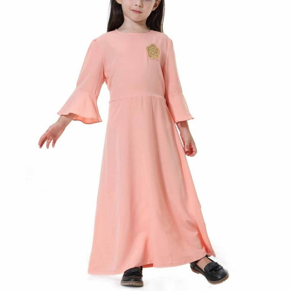 Odeerbi Muslim Dress For Girls 2025 Long Sleeve Long Dress V Neck Colorblock Dress for Teen Girls Pink
