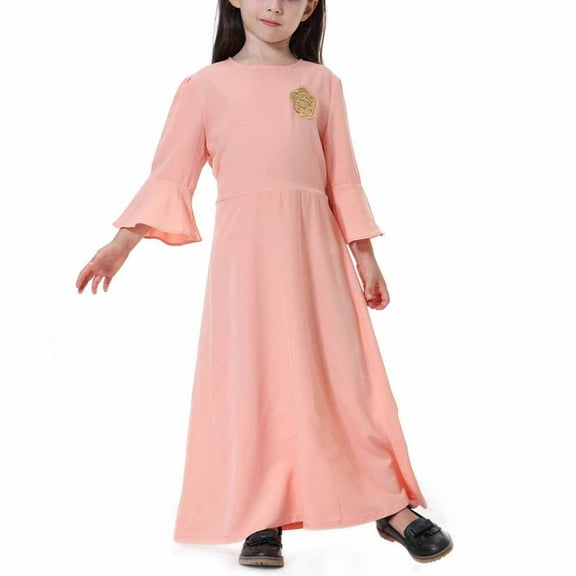 Odeerbi Muslim Dress For Girls 2025 Long Sleeve Long Dress V Neck Colorblock Dress for Teen Girls Pink