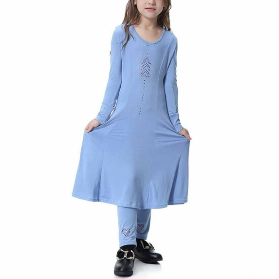 Odeerbi Muslim Dress For Girls 2025 Long Sleeve Long Dress V Neck Colorblock Dress for Teen Girls Sky Blue