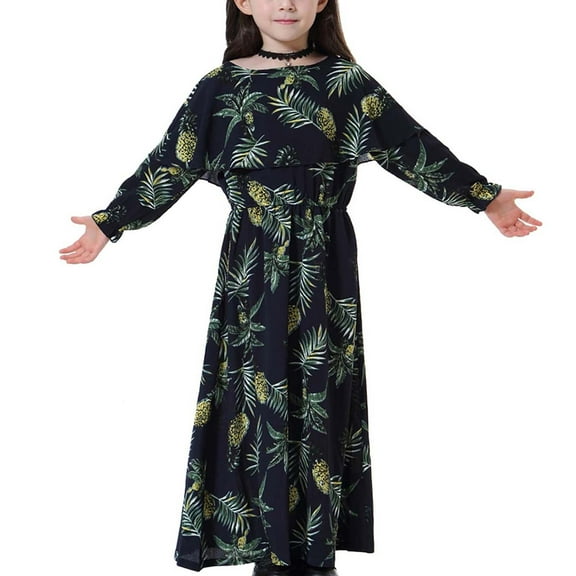 Odeerbi Muslim Long Dress Middle Big Girls 2025 Long Sleeve Round Neck Lace Print Dress
