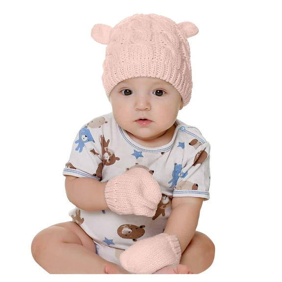 Odeerbi by Odeerbi Newborn Cotton Knit Beanie Hat Gloves Set, Pink, 0-3 Months