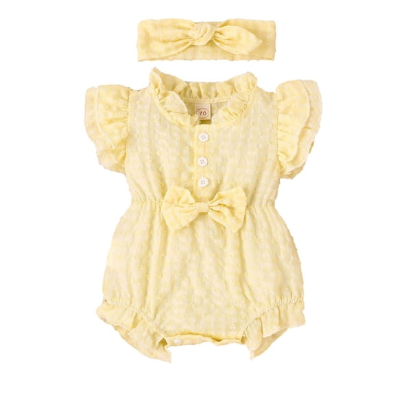 Odeerbi Newborn Romper Baby Boys Girls Clothes Princess Puff Sleeve Romper Solid Color Summer Cute Jumpsuit with Headband Two-piece Set Beige