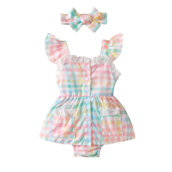 Odeerbi Newborn Romper Baby Boys Girls Clothes Princess Puff Sleeve Romper Solid Color Summer Cute Jumpsuit with Headband Two-piece Set Multicolor