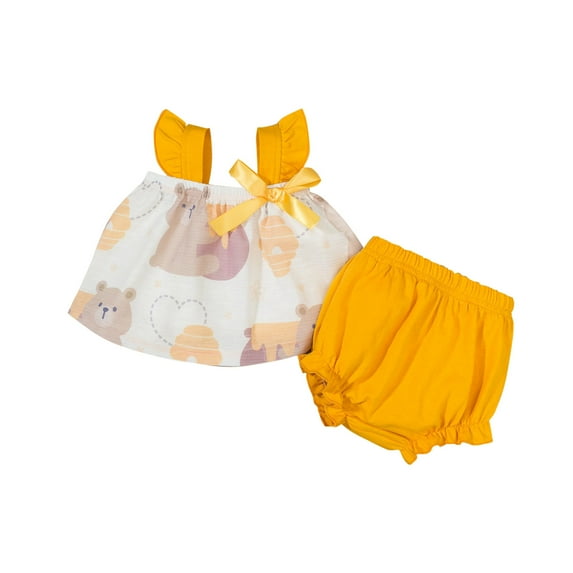 Odeerbi Newborn Two-piece Set Baby Infant Boys Girls Summer Bow Outfits Tank Tops Baby Clothes Newborn Bow Bear T-Shirt Solid Ruffle Shorts Outfits Set Yellow