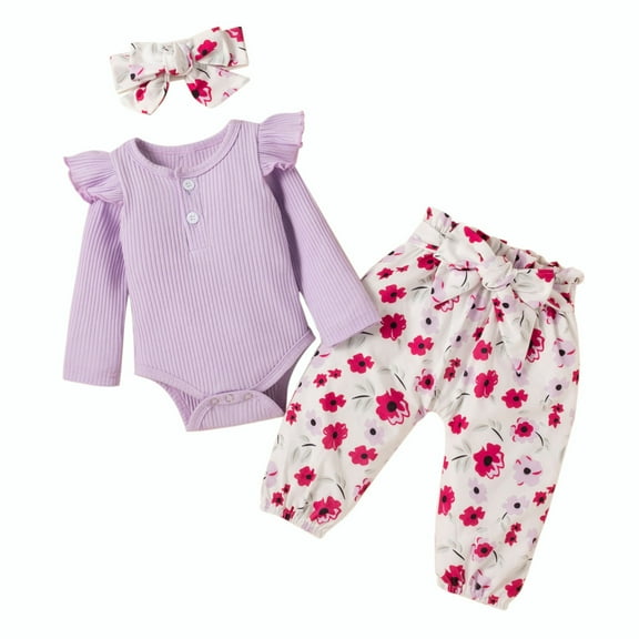 Odeerbi Newborn Two-piece Set Baby Infant Girls Bow Outfits Flowers Print Ruffle Cotton Clothes Toddler Kids Bow Three-piece Outfit Purple