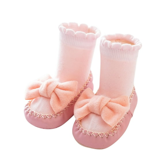 Odeerbi Non-Slip Slipper Socks for Baby Infant Boys Girls Cotton Prewalker Sock Walking Shoes Solid Color Floor Socks Indoor Bow Tie Socks