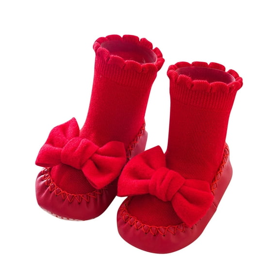 Odeerbi Non-Slip Slipper Socks for Baby Infant Boys Girls Cotton Prewalker Sock Walking Shoes Solid Color Floor Socks Indoor Bow Tie Socks