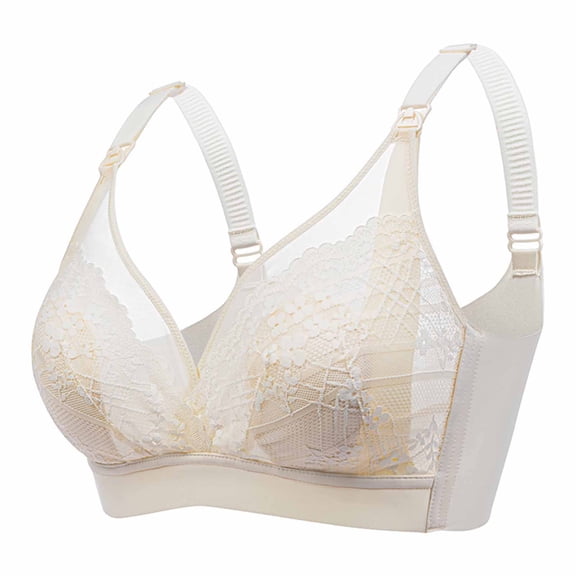 Odeerbi Nursing Bras for Women No Underwire Sexy Ultra-Slim Lace Breast Feeding Bra Beige