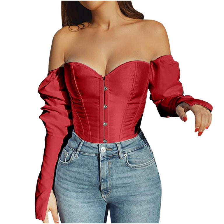 Odeerbi Off Shoulder Corset Tops with Sleeves for Women 2024 Fashion Plus  Size Boned Corsets Long Sleeve Solid Sexy Underwear Shapewear Red