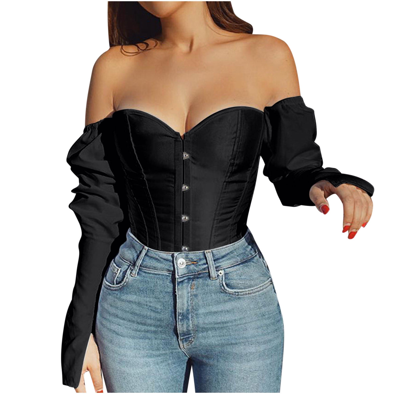 Odeerbi Off Shoulder Corset Tops with Sleeves for Women Fashion