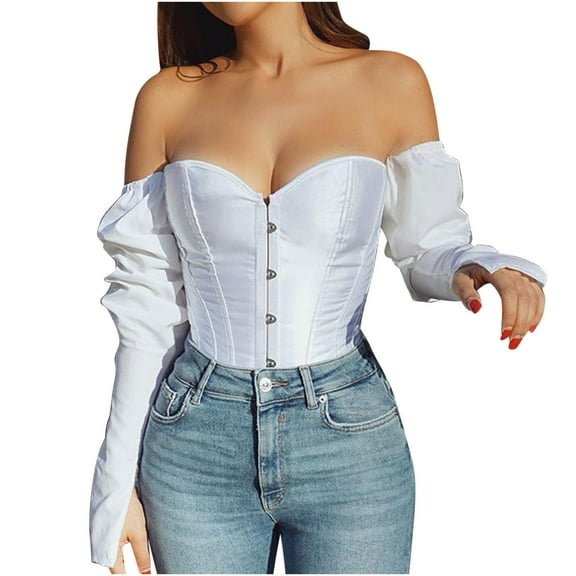 Odeerbi Off Shoulder Corset Tops with Sleeves for Women 2025 Fashion Plus Size Boned Corsets Long Sleeve Solid Sexy Underwear Shapewear White