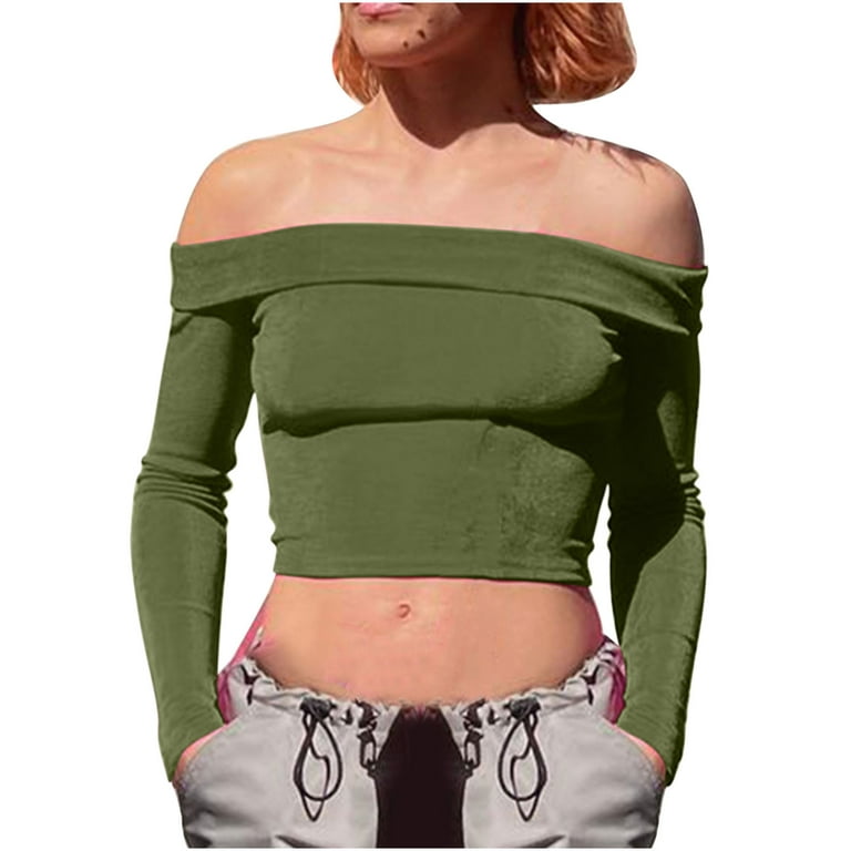 Odeerbi Off The Shoulder Crop Tops for Women Slim Fit Going Out Tops Casual  Solid Color Long Sleeve Tight Tee Shirt Basic Streetwear Green 
