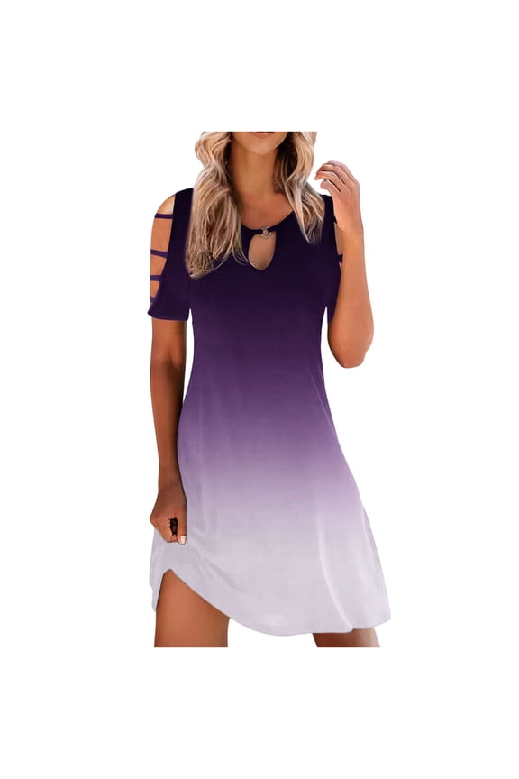 Off The Shoulder Dresses for Women Casual Slimming Draw Back Printed Short Sleeves Dress Purple