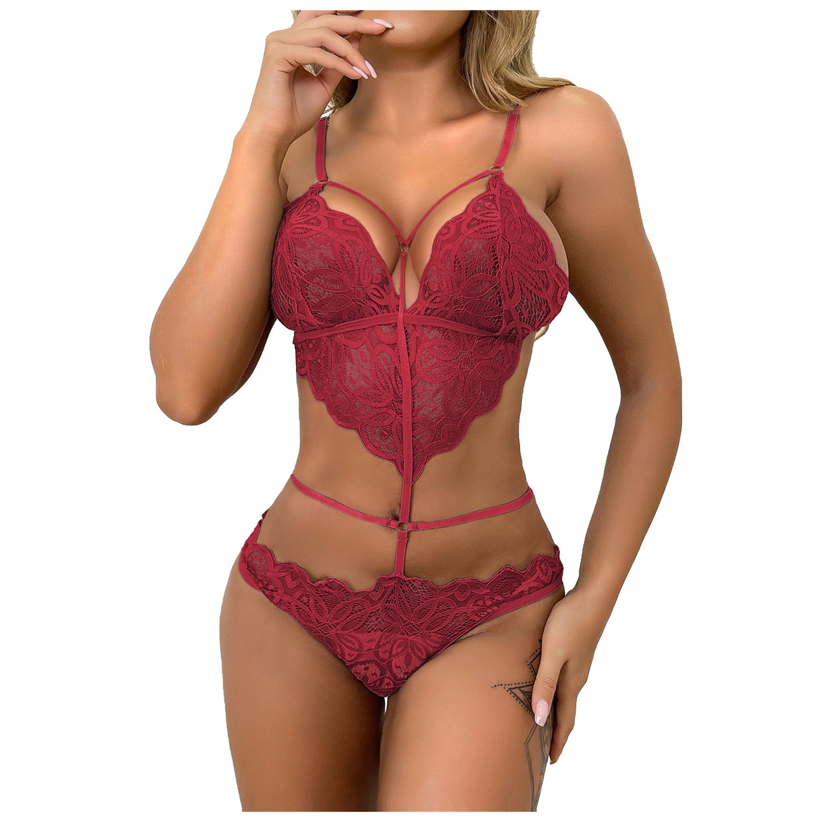 Sexy Costume Red Sexy Crotchless Lingerie Women Lace Hollow Erotic Costumes  Teddy Baby Doll Dress Deep V Open Bra Porn Underwear Set