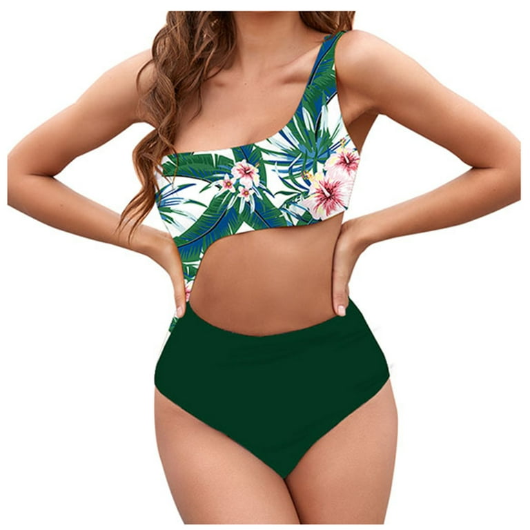 ALSLIAO Womens V Neck Straps Ruched Swimsuits Bikini Tummy Control Bodysuit  Swimwear Army Green M 
