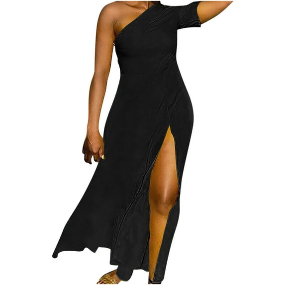 Odeerbi One Shoulder Dresses for Women 2024 Maxi Dress Trendy Erogenous Elegant Zipper Irregular Split Hem Dress Solid Color Dress Black