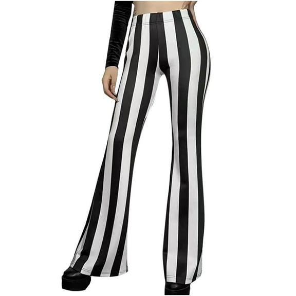 Odeerbi Pants for Women 2025 Casual Pants Trendy Striped Printed High Waist Flare Pants Black