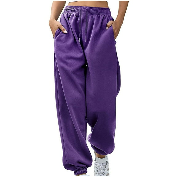 Odeerbi Pants for Women Trendy 2025 Casual Solid Elastic Waist Trousers Long Straight Pants Purple