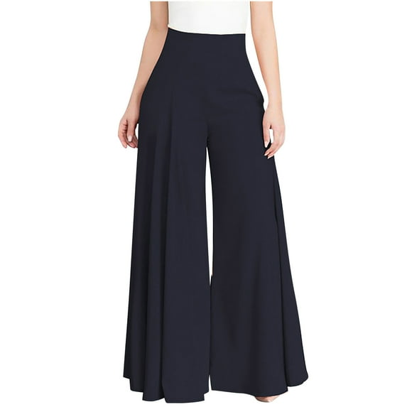 Odeerbi Pants for Women Wide Leg Pants 2025 Casual Solid Elegant High Waist Trousers Flare Trousers Zipper Pants Navy