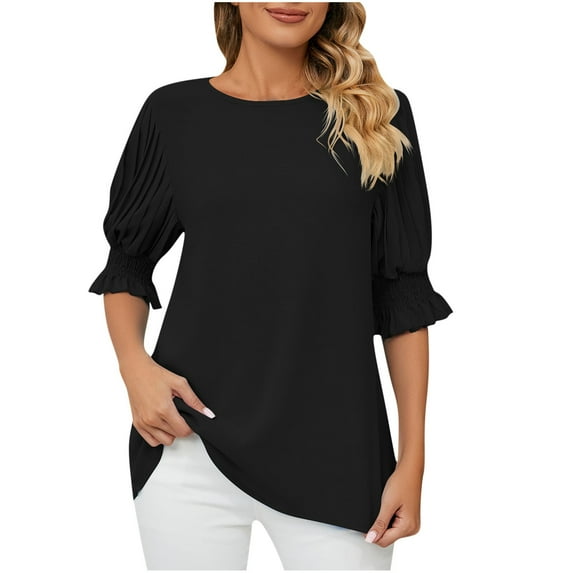 Odeerbi Peplum Tops for Women Round Neck Solid Ruffle Sleeve Loose Short Sleeve Top Black