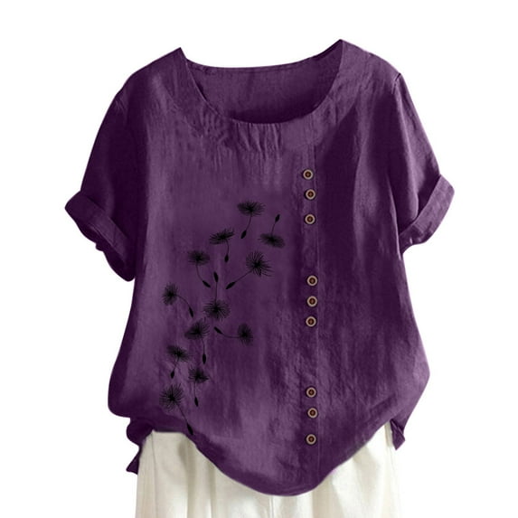 Odeerbi Plus Size Cotton Linen Tops for Women Button Down Shirts Summer Casual Round Neck Short Sleeve Printing Loose Blouse Olive Green