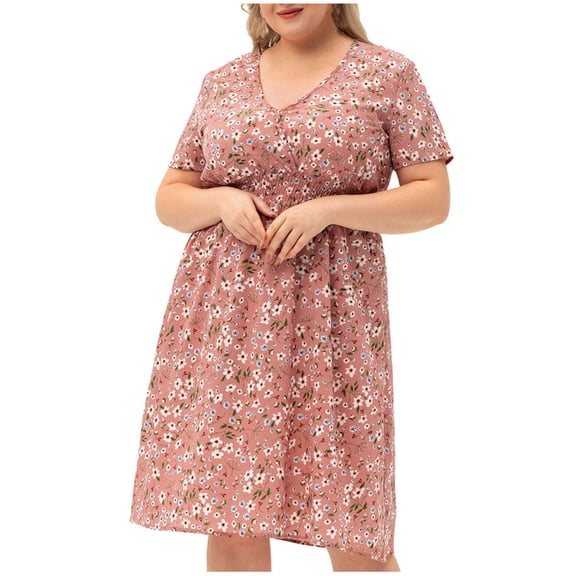 Odeerbi Plus Size Dress for Women Fashion V-Neck Strapless Solid Short Sleeve Dress 2025 Casual Loose Dress Pink