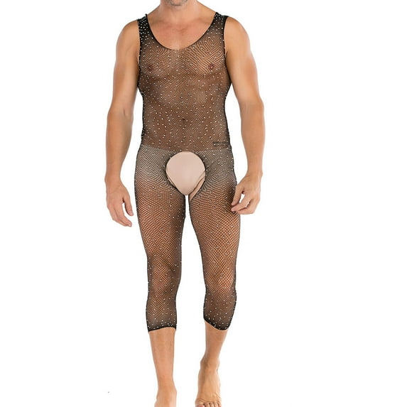 Odeerbi Plus Size Lingerie Bodysuit for Men Sexy High Bifurcation One-Piece Net Suit Body Socks Briefs Black