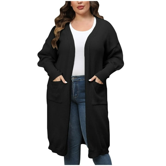 Odeerbi Plus Size Long Cardigan Sweater For Women Winter Loose Solid Color Cotton Sweater 2025 Fashion Midi Style Sweater Tops with Double Pockets Black