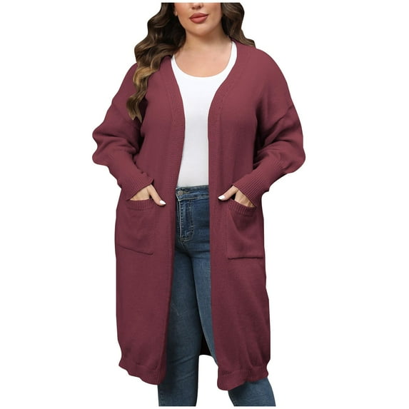 Odeerbi Plus Size Long Cardigan Sweater For Women Winter Loose Solid Color Cotton Sweater 2025 Fashion Midi Style Sweater Tops with Double Pockets Burgundy