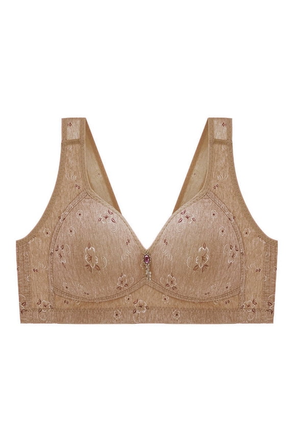 Plus Size Lounge Bras for Women Sexy Lace Flower Print Non-Steel Ring Non-Magnetic Buckle Underwear Beige