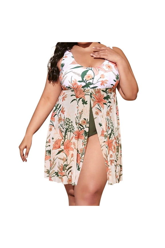 Plus Size One Piece Swim Dress Tulle Swimsuits for Women Modest Vintage Swimdress Bathing Suits Skirt Swimwear Printing Net Yarn Bikini Beachwear White