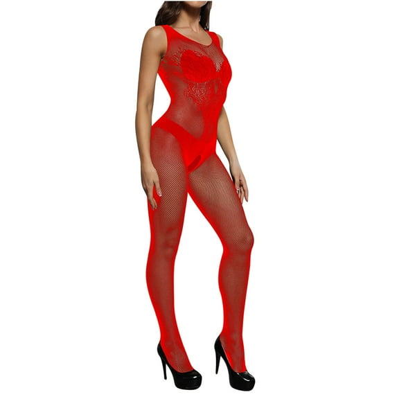 Odeerbi Plus Size See Through Lingerie Bodysuit for Women 2025 Perspective Elastic Mesh Suspender Skirt Sexy Pajamas Jumpsuit Hot Pink