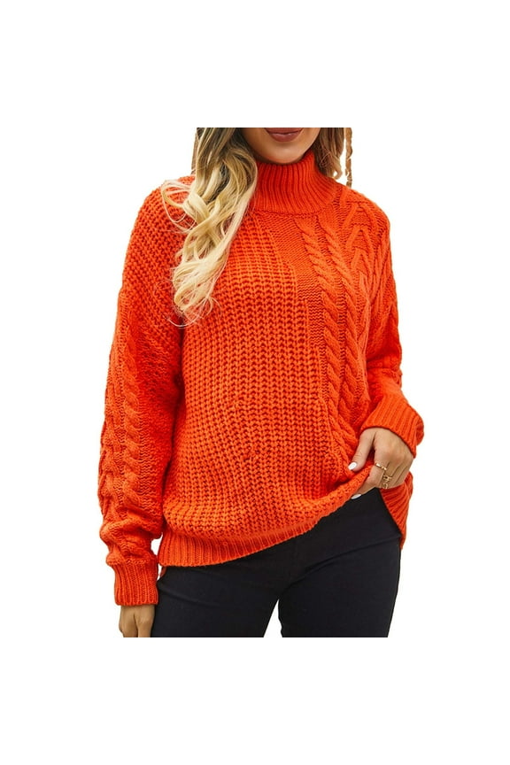 Plus Size Turtleneck Sweater For Women Winter Loose Color Block Sweater Comfortable 2025 Long Sleeve High Collar Knit Sweaters Orange