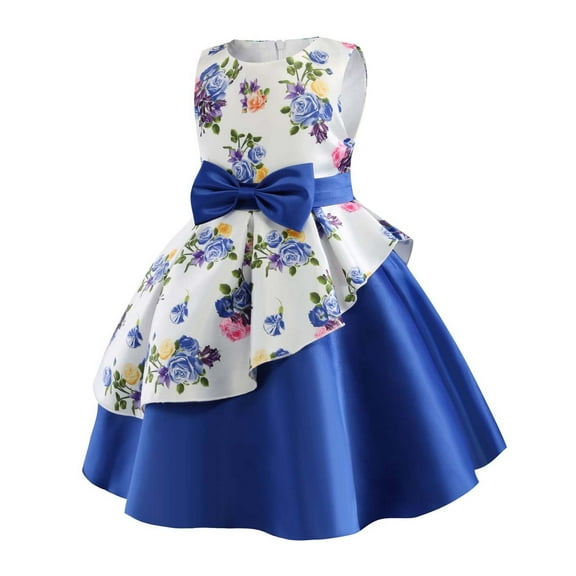 Odeerbi Princess Dresses For Girls Formal Dress Children's Irregular Hemline Skirt Printed Dress Bow Performance Dress Suit Blue