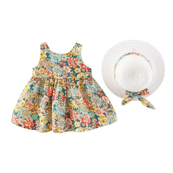 Odeerbi Princess Dresses For Toddler Girls Tutu Dresses Kids Baby Summer Floral Print Dress with Hat Two-piece Suit Dress Yellow