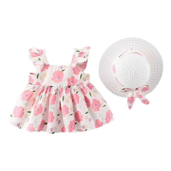 Odeerbi Reduced Baby Girl Clothes Girls Dresses Toddler Summer Cute Print Dress With Suspenders With Hat