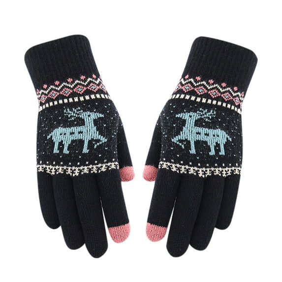 Odeerbi Reduced Christmas Knitted Gloves for Women Winter Warm Mittens Double Layer Fawn Plus Thick Gloves Wrist Mittens Black