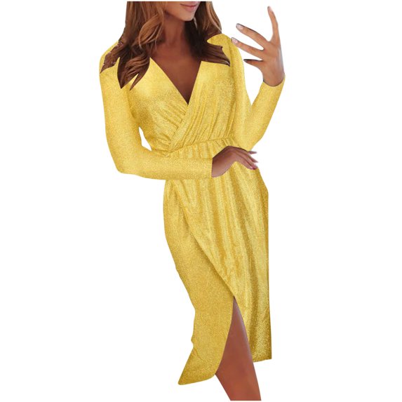 Odeerbi Reduced Dresses for Women 2022 Casual Maxi Dresses Autumn V-Neck Bronzing Erogenous Long-Sleeved Mid-Skirt Dress Skirt Slit Slim Dress Yellow