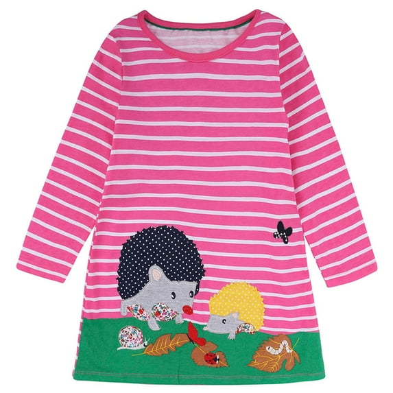 Odeerbi Reduced Girls Dresses Baby Girl Clothes Autumn Children's Clothing Tshirt Long Sleeve Cartoon Striped Embroidered Dress