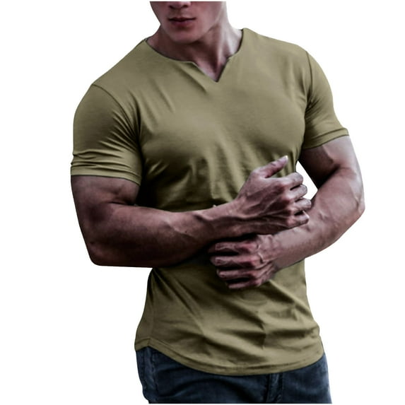 Odeerbi Reduced Mens Shirts Dressy Casual Tops Solid Round V-Neck Slim Short Sleeved T-Shirt Bottoming Shirt 0live Drab