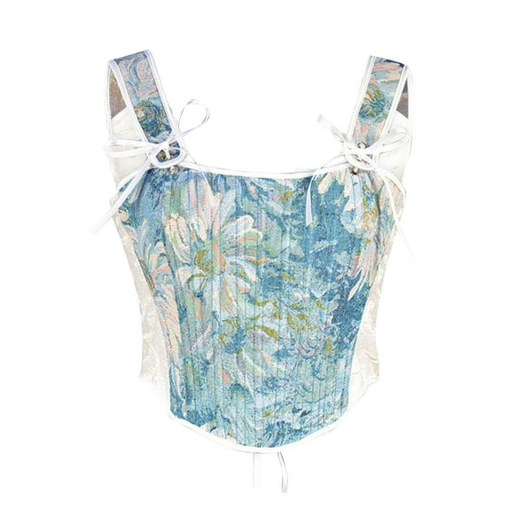 Odeerbi Renaissance Corset Tops for Women Floral Boned Corset Sleeveless Sexy Corsets 2024 Fashion Printed Underwear Patwork Shapewear Sky Blue