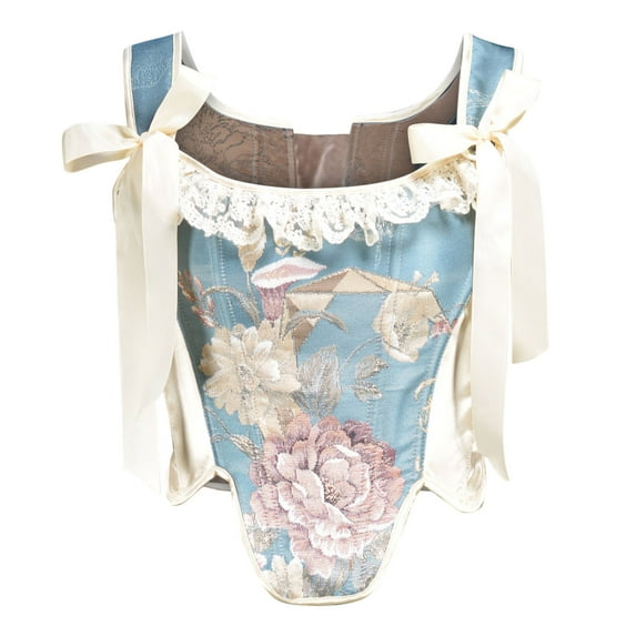 Odeerbi Renaissance Corset Tops for Women Floral Boned Corset Sleeveless Sexy Corsets 2025 Fashion Printed Underwear Patwork Shapewear Blue